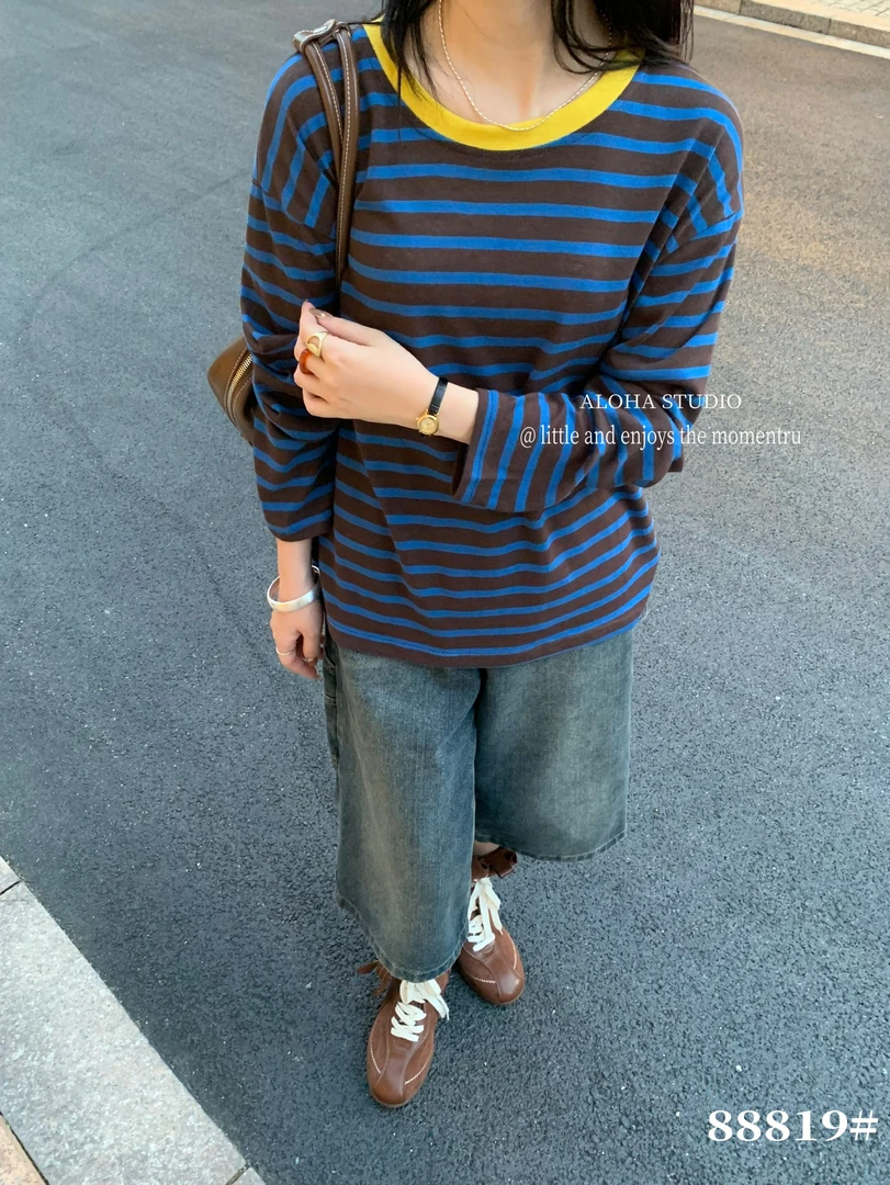 【可可家】ALOHA韩系圆领条纹长袖T恤上衣88819