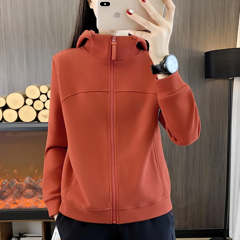 秋冬季抓绒衣女薄款卫衣运动休闲户外摇粒绒纯色保暖连帽加绒外套