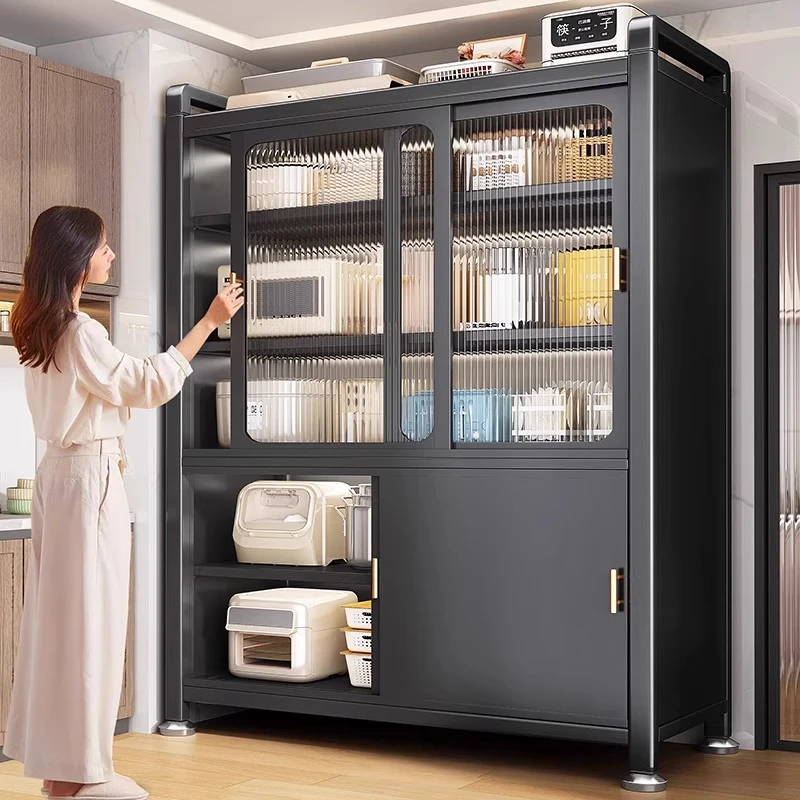新款厨房置物架子家用推拉门锅具收纳柜落地多层多功能橱柜储物柜