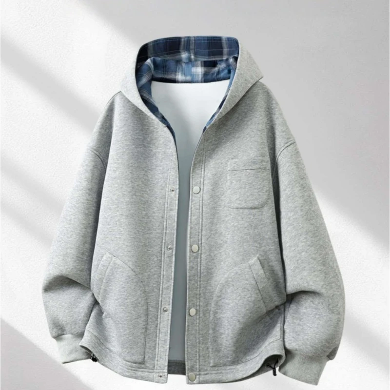 EAEOVNI休闲简约连帽卫衣秋冬季男美式慵懒风宽松格子拼接外套