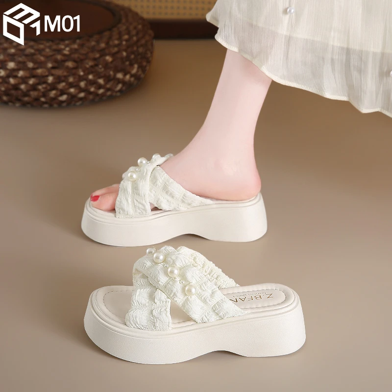 M01凉鞋女夏季2025新款厚底增高休闲拖鞋时尚外穿珍珠沙滩鞋夏天