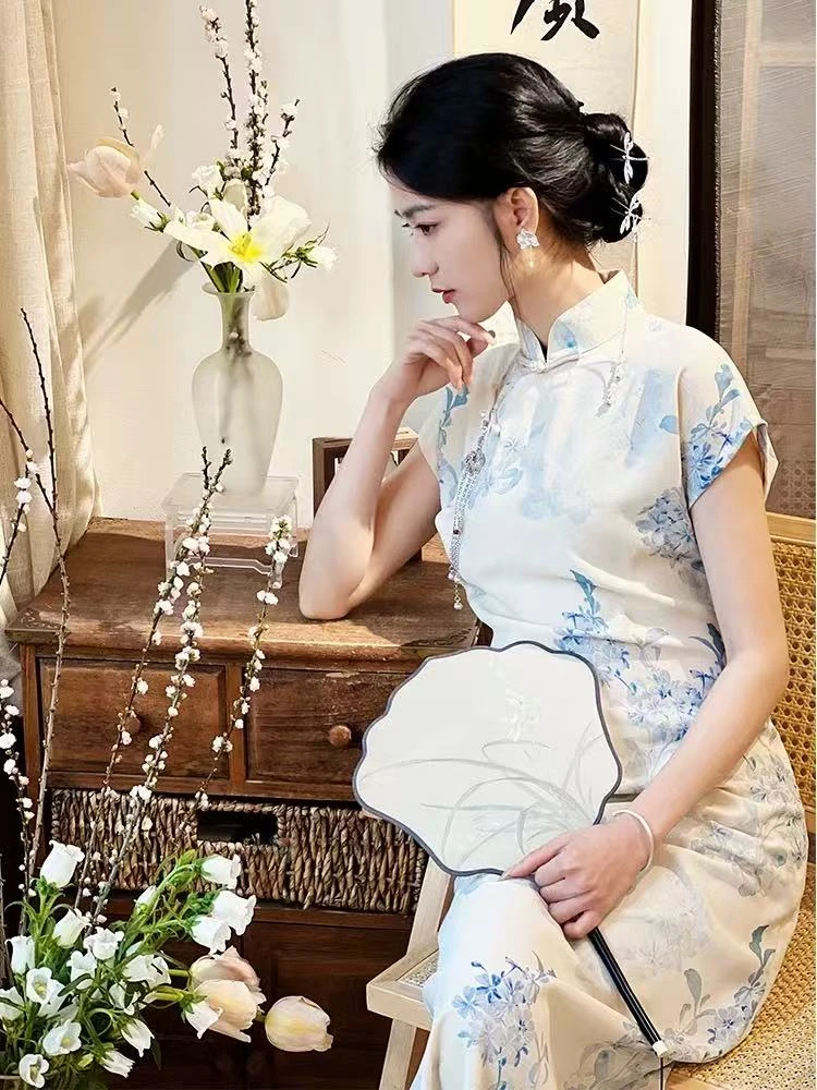 [青花瓷]上上签 夏款全开襟气质修身日常印花少女优雅旗袍衣长125