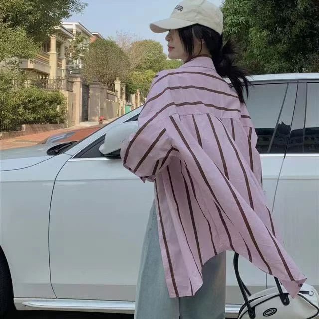 【张丹丹】粉色条纹polo领长袖衬衫女款春季2025新款宽松休闲衬衣