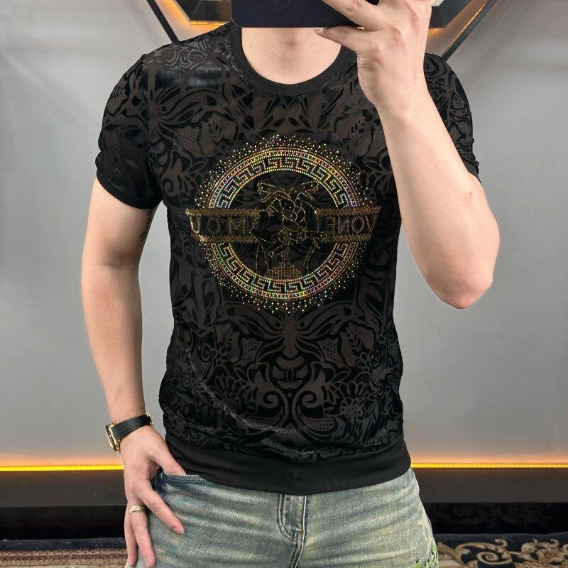 欧洲站夏季新款男士潮流时尚植绒雕花镭射亮片修身圆领冰丝短袖