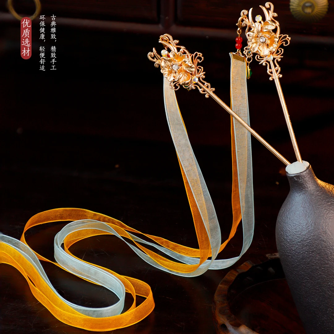 古风汉服敦煌异域风头饰发饰长流苏绢纱飘带发簪唐风后压点缀配饰