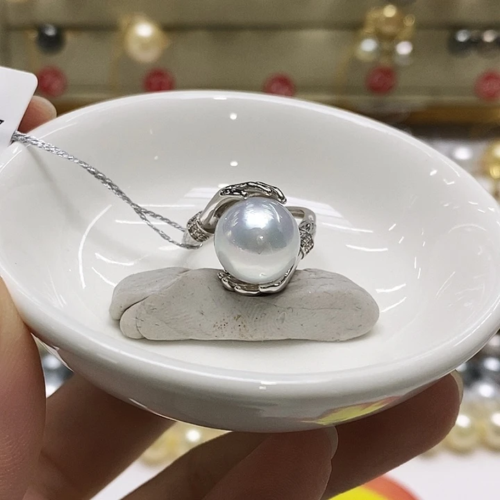 海水珍珠戒指银S925镶嵌银蓝澳白11-12mm