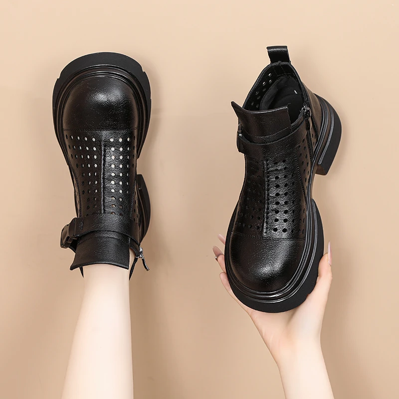 厚底透气镂空烟筒靴女2025年春夏新款英伦风镂空凉靴时尚马丁靴