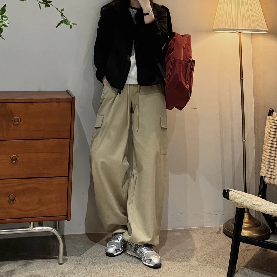 今婷【天丝工装裤】韩系复古百搭高腰宽松抽绳口袋工装裤-M25102350