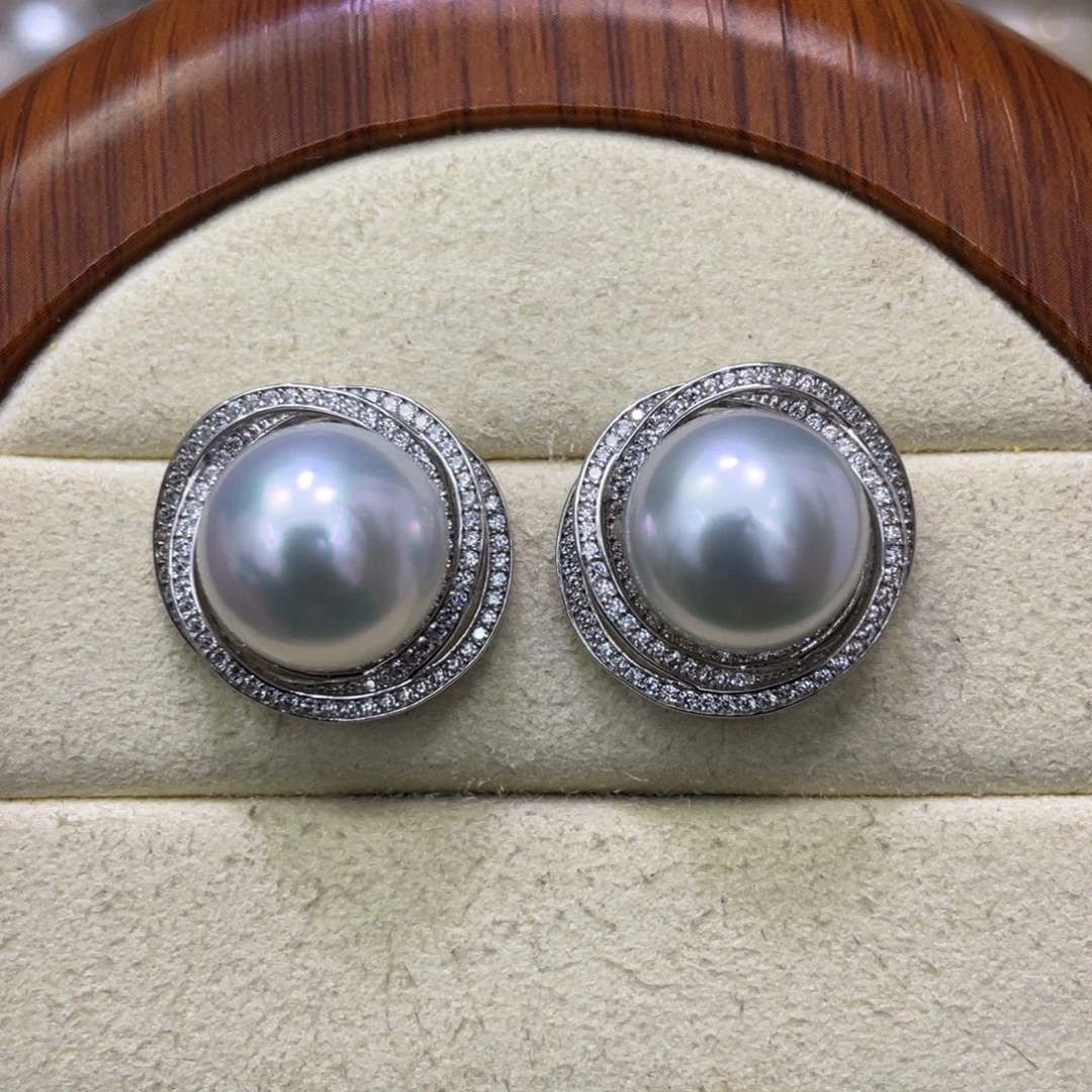 银S925镶嵌耳饰海水珍珠澳白12+耳钉极光炫彩