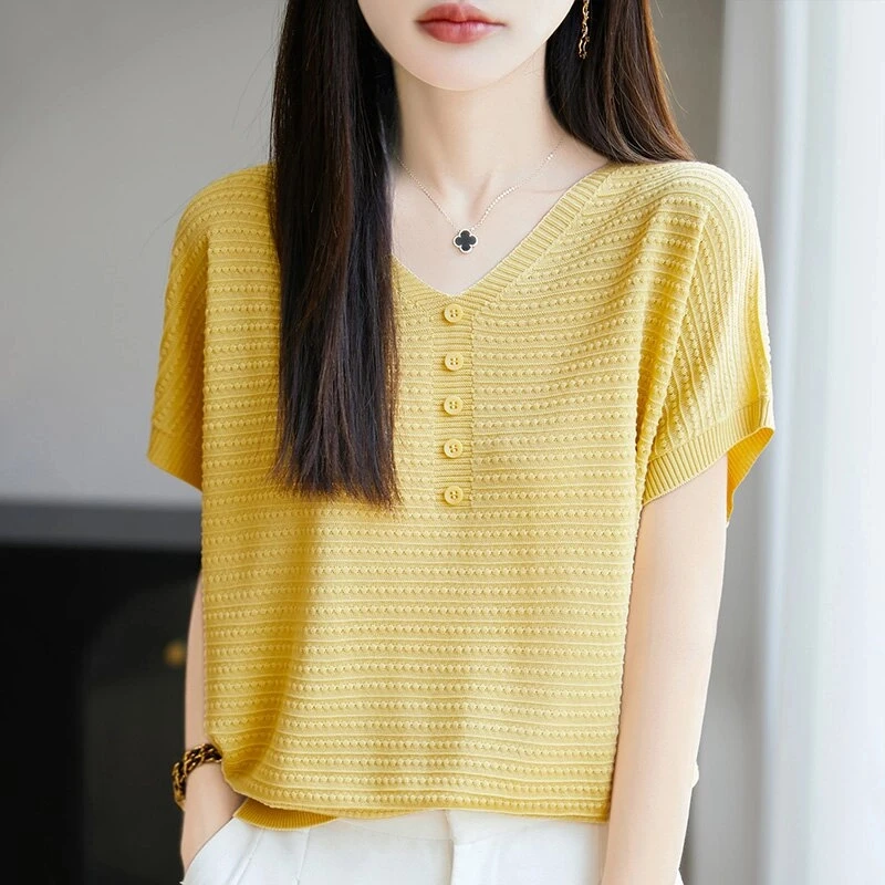夏季透气针织短袖女毛针织衫上衣韩版夏季针织衫条纹显瘦