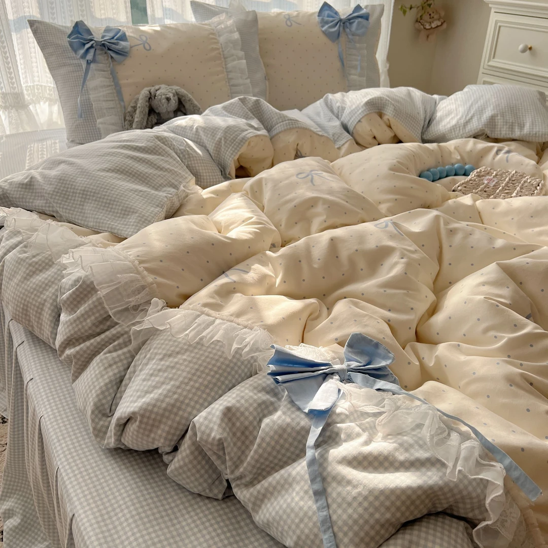 Heart Island【莉莉丝】韩系公主风蕾丝花边蝴蝶结超柔水洗棉四件套