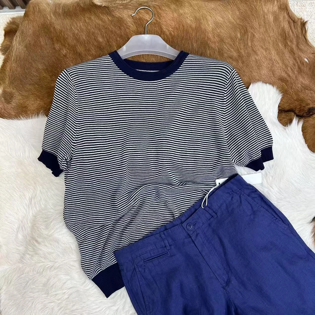 美单 剪标 含21%天丝 男士经典蓝色拼接垂感针织短袖  冰凉