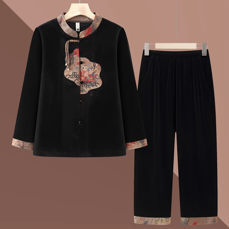 奶奶装新中式金丝绒套装中老年女装春装长袖外套妈妈装老太太衣服