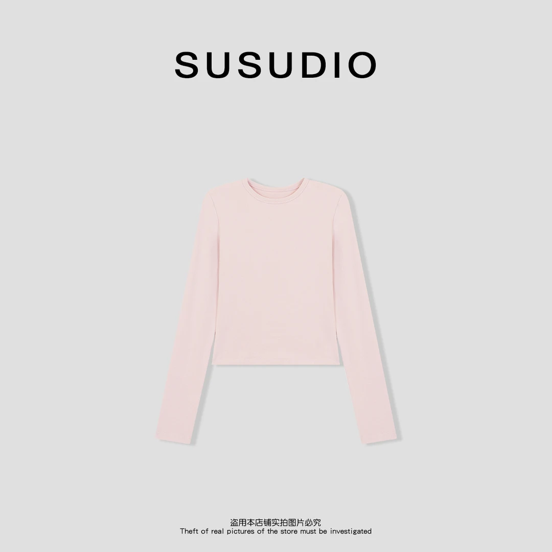 SUSUDIO 简约纯色短款圆领百搭显瘦长袖T恤70173