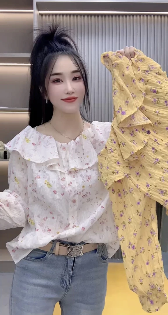 碎花衬衫女2025夏季新款荷叶一字领时尚防晒透气显瘦气质百搭小衫