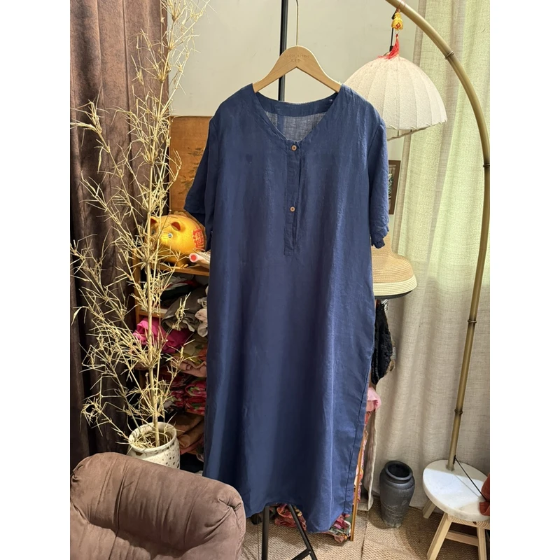 清雅 砂洗纯汉麻细支高密度半开衫腰带连衣裙 长118胸围126