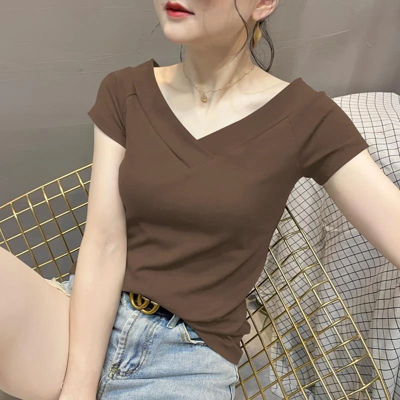 咖色莫代尔双V领短袖T恤女2025夏季新款一字肩显瘦打底衫性感上衣