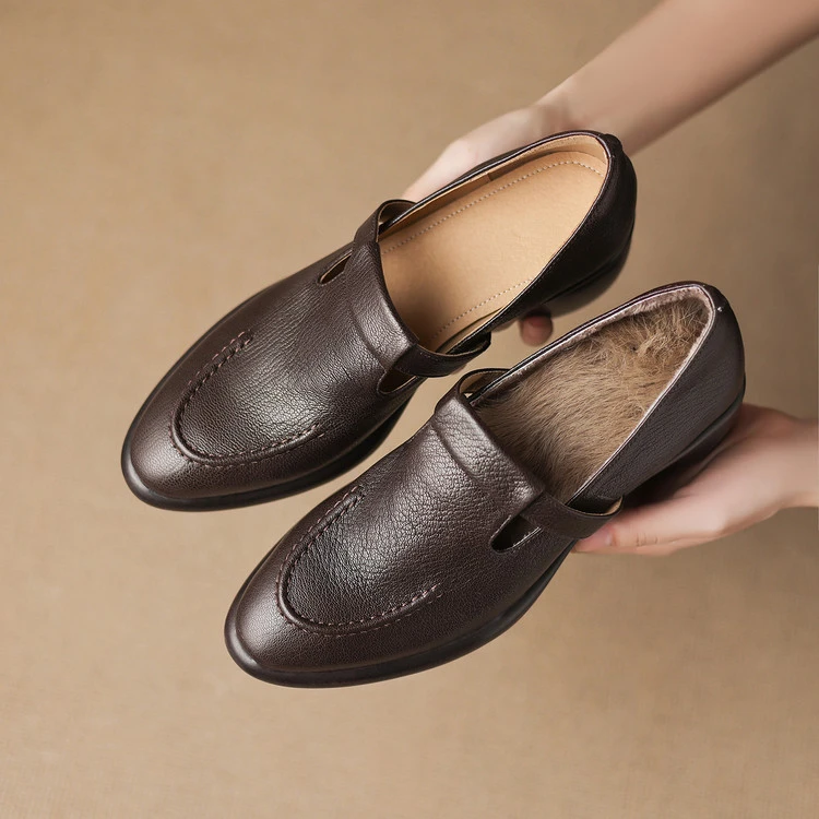 5cm~秋冬新款复古圆头粗高跟乐福鞋女百搭真皮加绒棉鞋小皮鞋棕色