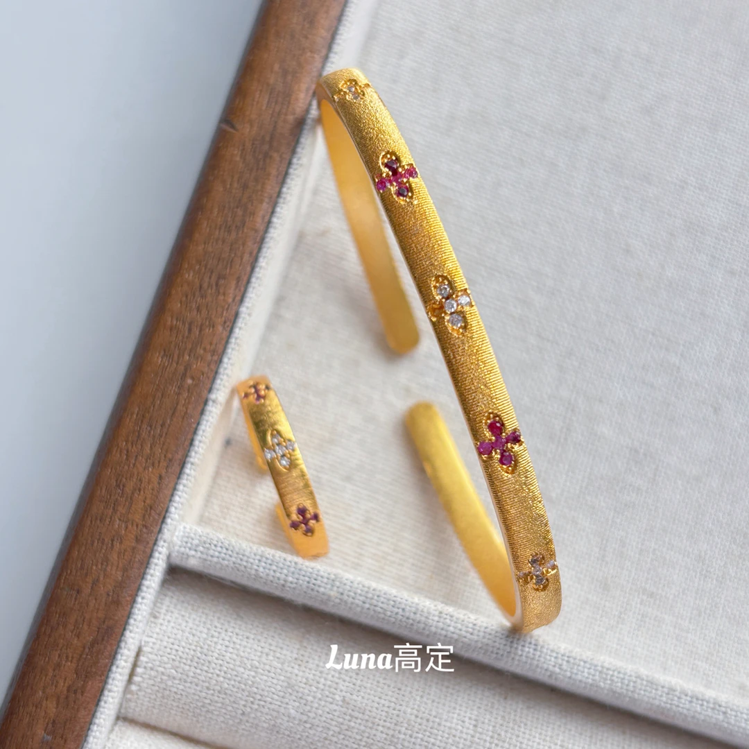 铜合金合成锆石手镯 Luna定制0513古法精致时尚开口手镯戒指两件