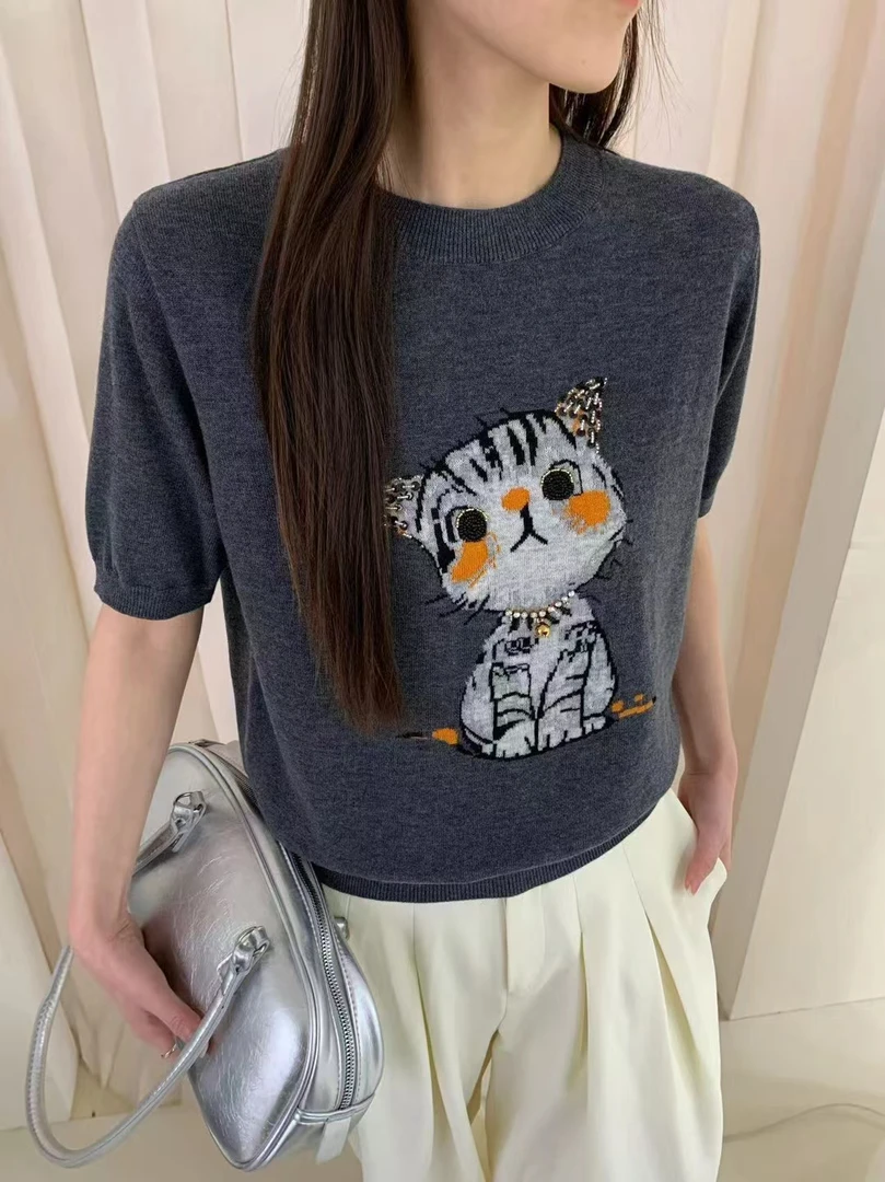 【猫猫家4.3】a9夏季新款针织上衣开衫上衣长袖时尚百搭半袖圆领