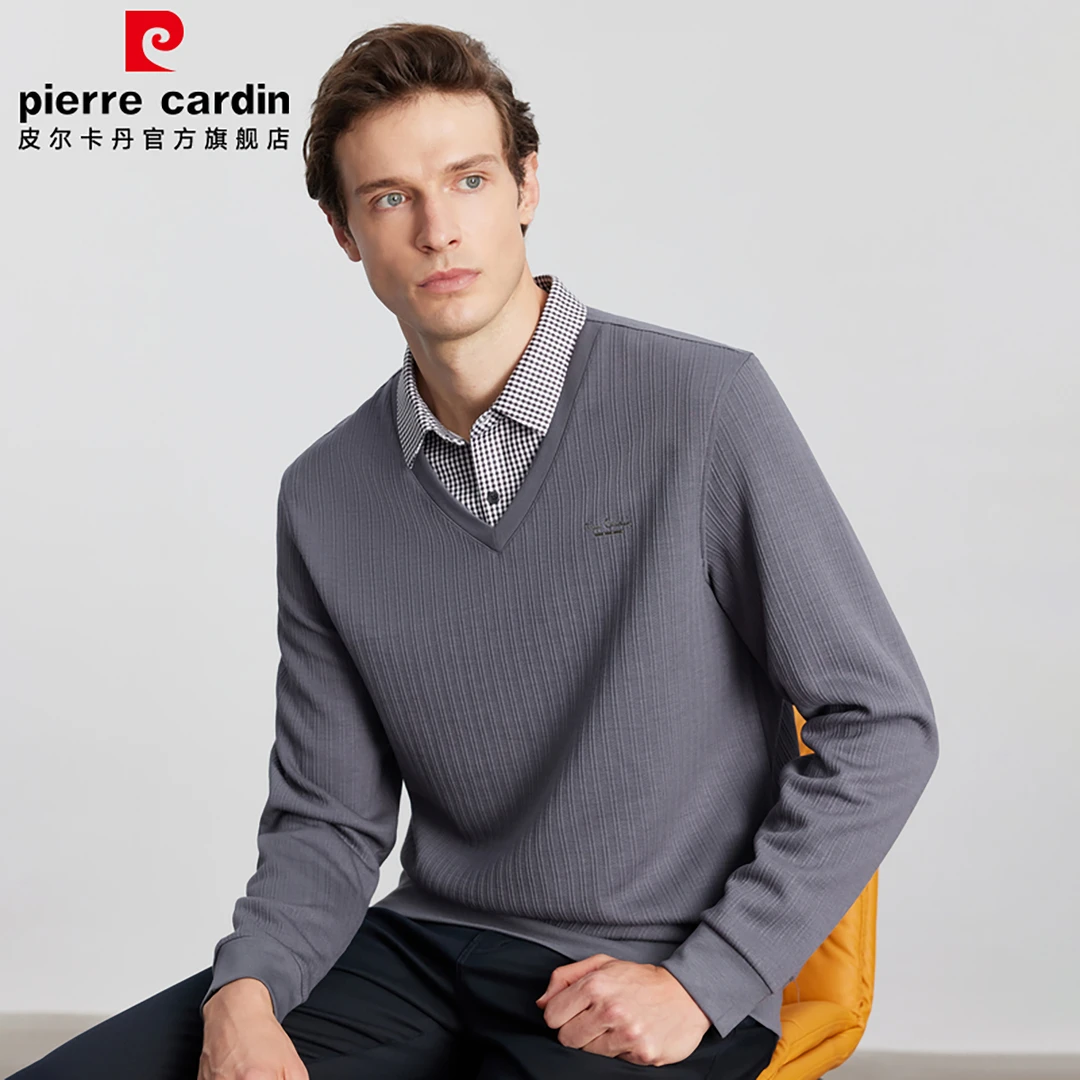 皮尔卡丹男士假两件卫衣长袖休闲简约商务时尚百搭翻领舒适亲肤