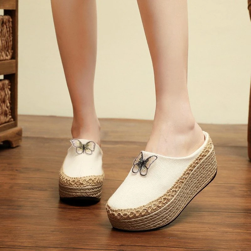 松糕底摇摇鞋厚底薄拖鞋半拖鞋女鞋可外穿拖鞋复古绣花民族风