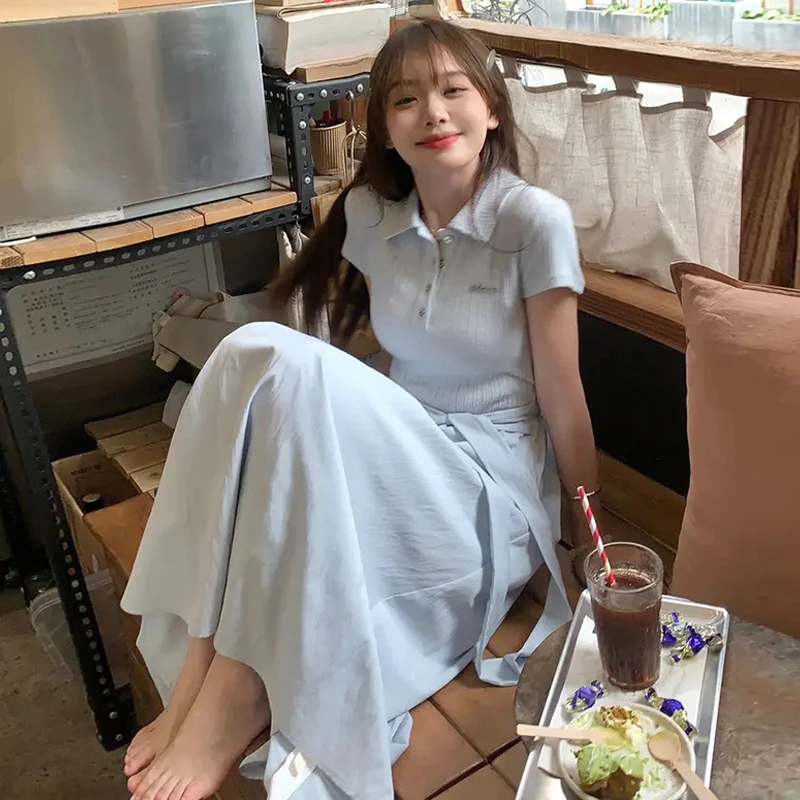 简约时尚短袖连衣裙夏新款高级气质翻领收腰显瘦拼接T恤长裙小众