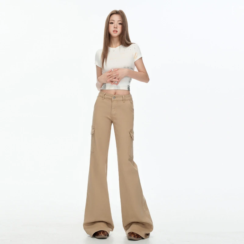 2025夏季新款纯色工装微喇女牛仔裤美式低腰小众时尚设计感休闲裤
