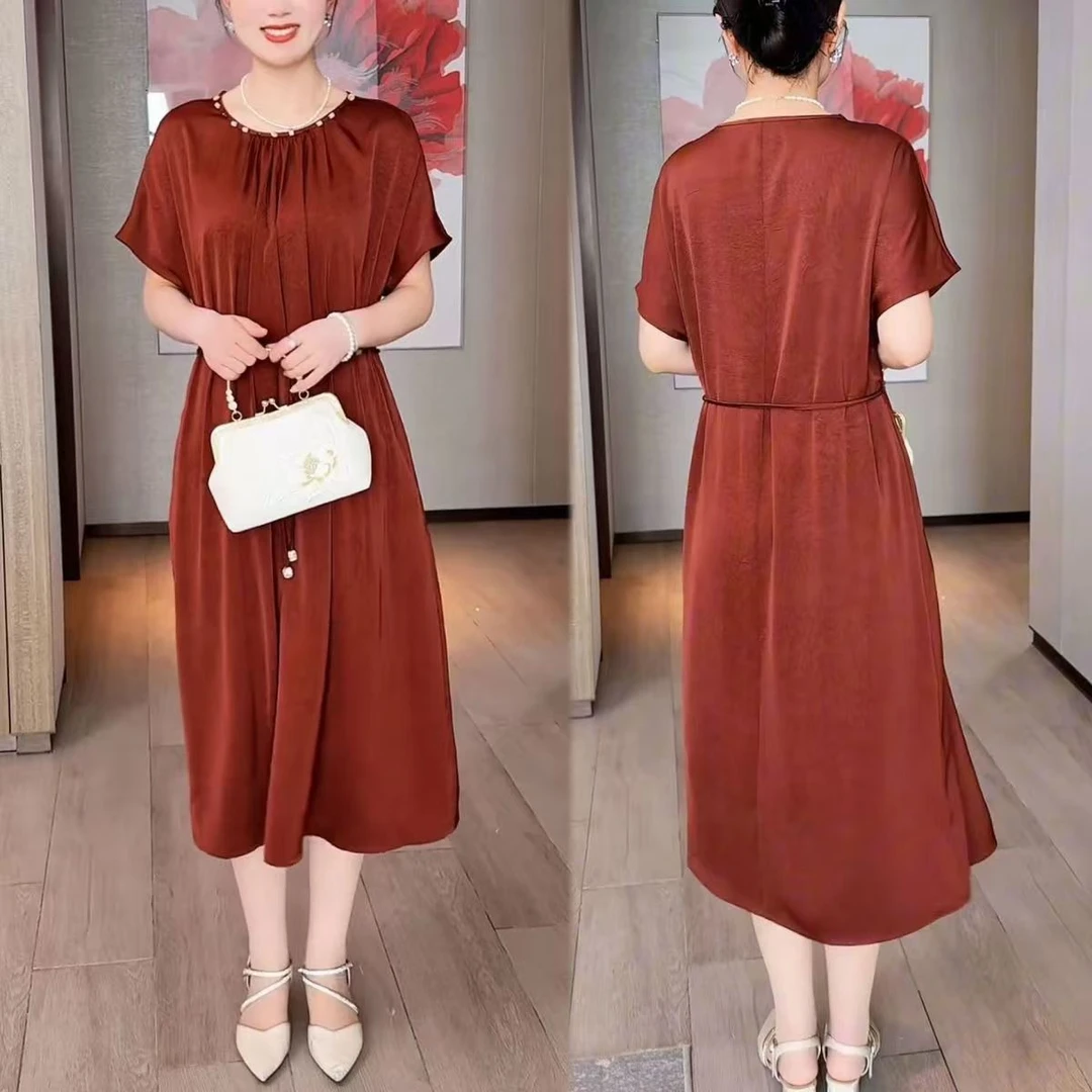 轻奢洋气优雅高级感系带连衣裙女2025夏季修身显瘦减龄中长款裙子