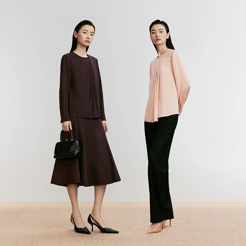 【商场同款】朗姿冬新款桑蚕丝设计感圆领长袖衬衫女通勤高级感上衣