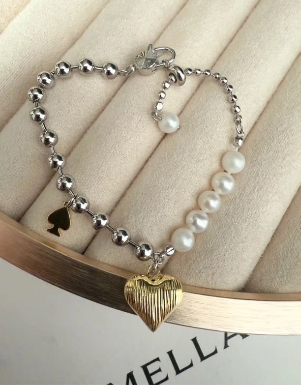 925银手链 AB款珠珠拉丝爱心手链