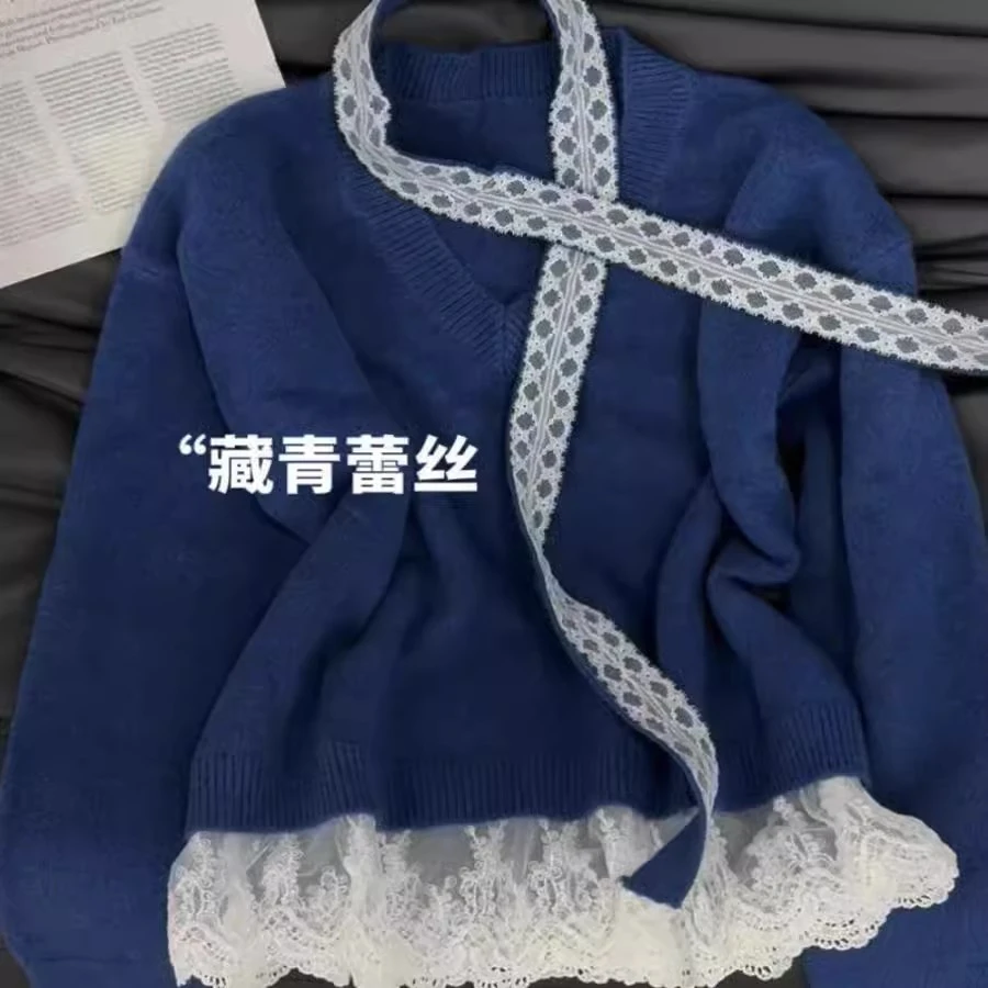 法式V领蕾丝针织上衣女春季2025洋气时髦独特超好看长袖毛衣百搭