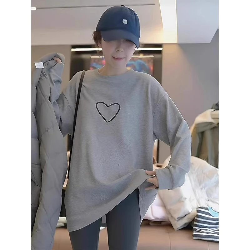 芯娇晴加厚磨毛刺绣圆领t恤打底衫女2025新款春秋内搭慵懒风上衣