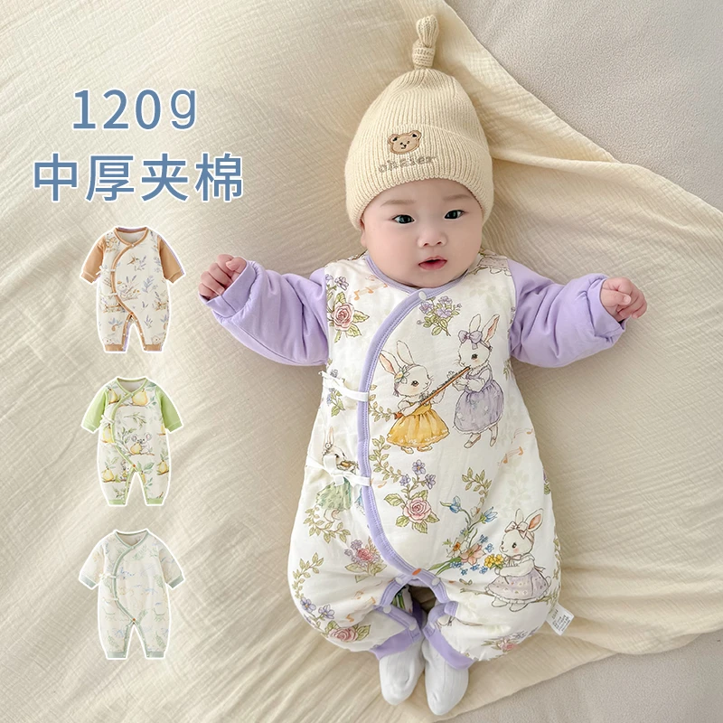新生婴儿衣服a类纯棉秋冬夹棉0到3个月小月龄宝宝保暖连体衣冬装