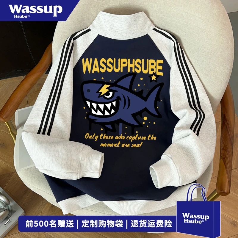WASSUP HSUBE复古风鲨鱼印花开衫卫衣男女秋冬宽松百搭情侣装外套