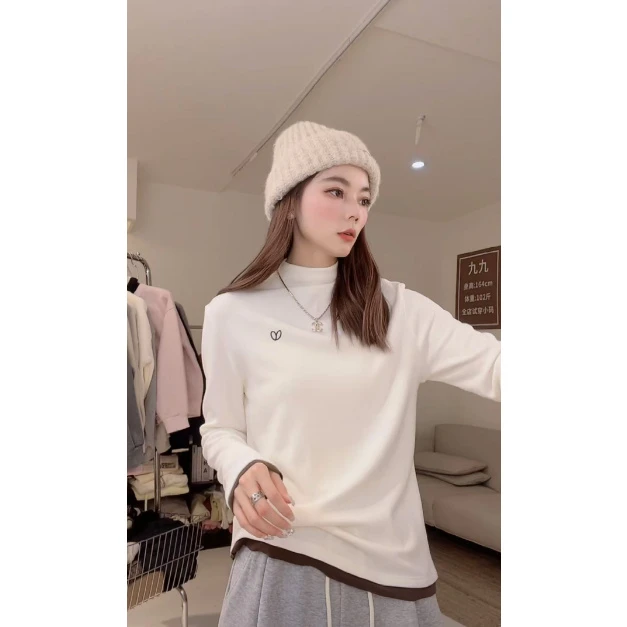 43C23堆堆领绒绒打底~宽松绒绒显瘦休针织闲撞色百搭内搭打底衫~