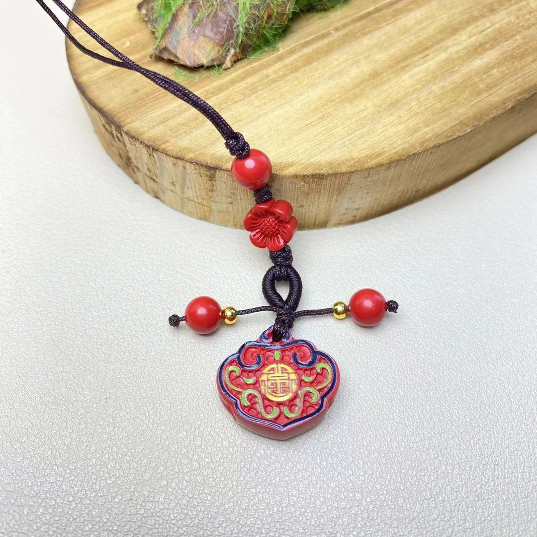 含辰砂工艺品保真高含量朱砂红砂设计款彩绘如意手机挂保真朱砂