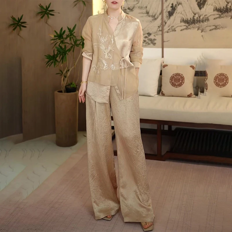 国风复古盘扣衬衫外套提花阔腿裤两件套女夏季新中式气质时尚套装