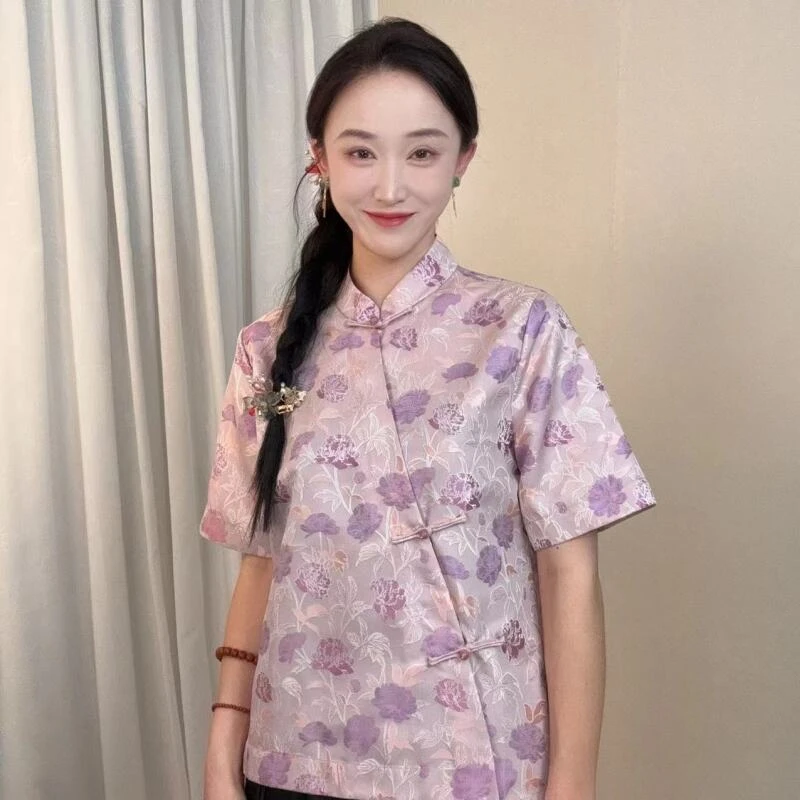 [蔷薇-粉]2024新中式异色锦萝全开襟小衫CR1