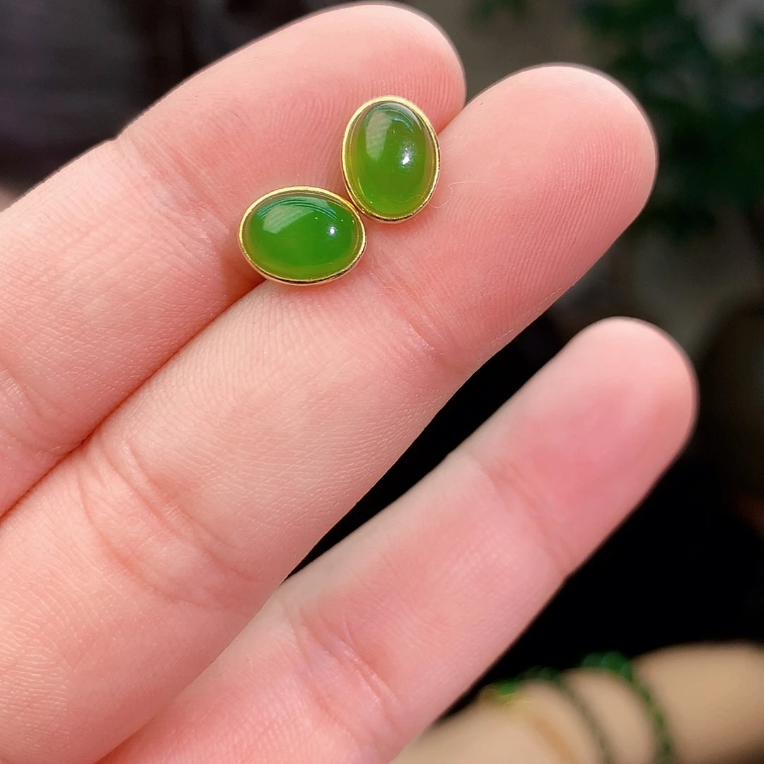 吊坠(不含链)银S925镶嵌和田玉（碧玉）耳钉