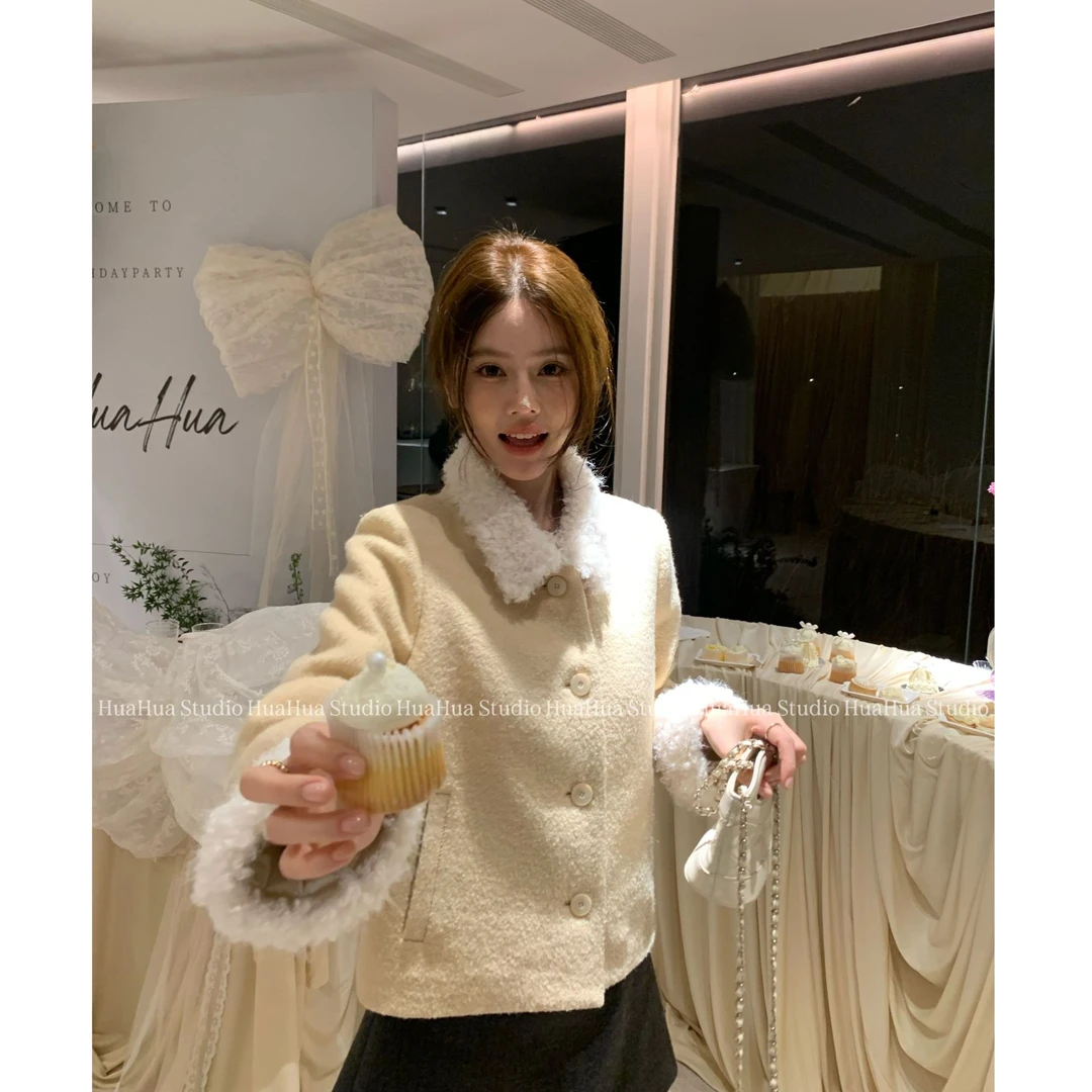 【花花】银杏叶~韩国翻领羊羔绒毛呢气质百搭拼接保暖羽绒服外套