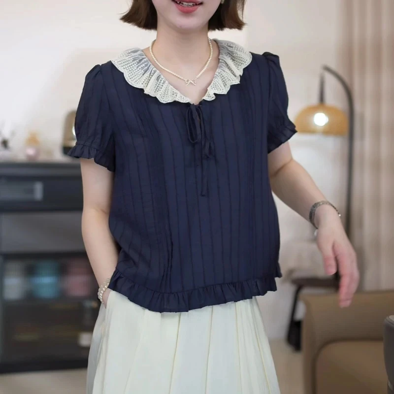 韩版蕾丝拼接娃娃领衬衫女2025夏季新款爆款洋气时尚减龄短袖上衣