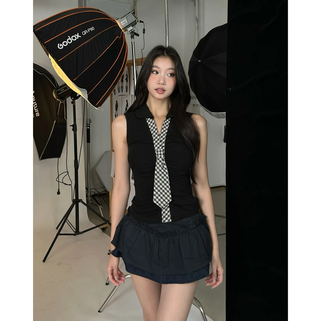 withmin【现货】凉皮 温柔学姐 三色格纹领带修身无袖上衣2523081