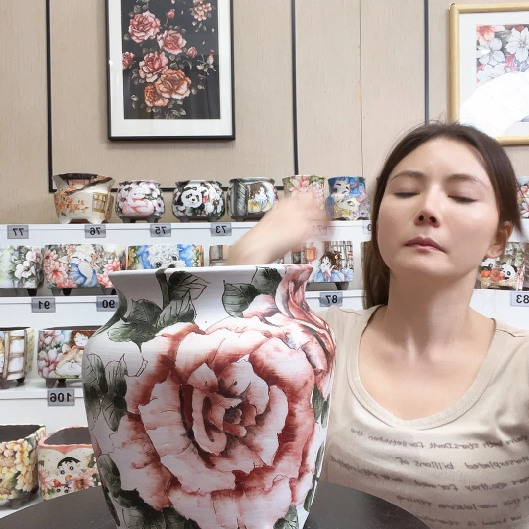 手绘陶瓷花盆口10高14.3