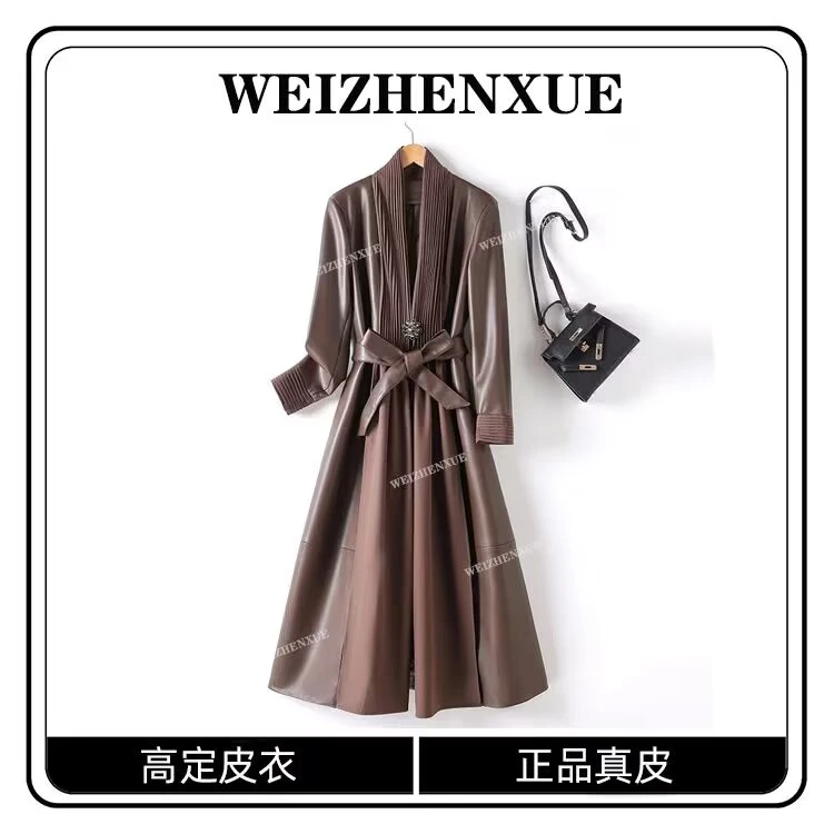 海宁真皮纯皮女中长款过膝皮风衣外套-111