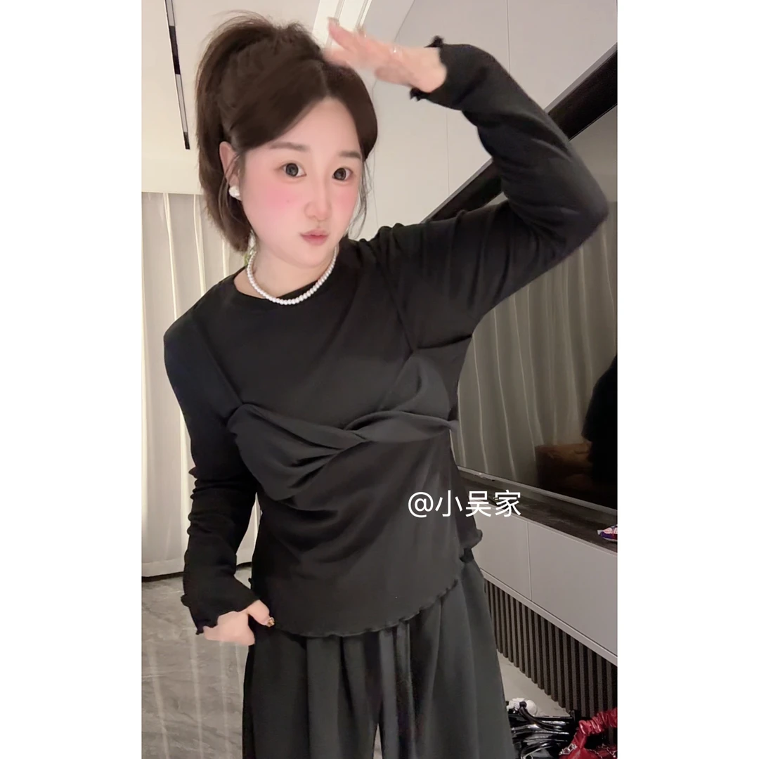 「小吴家」2026冬季新款小众设计感假两件吊带圆领洋气时尚打底体恤