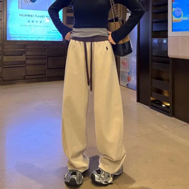 刺绣卫裤女拼色高腰束脚两穿阔腿一裤两船拖地裤