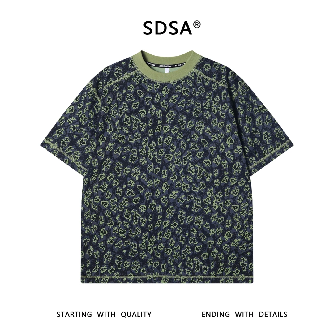 夏季高级感新款美式抽象撞色割破圆领短袖T恤百搭潮流套头上衣