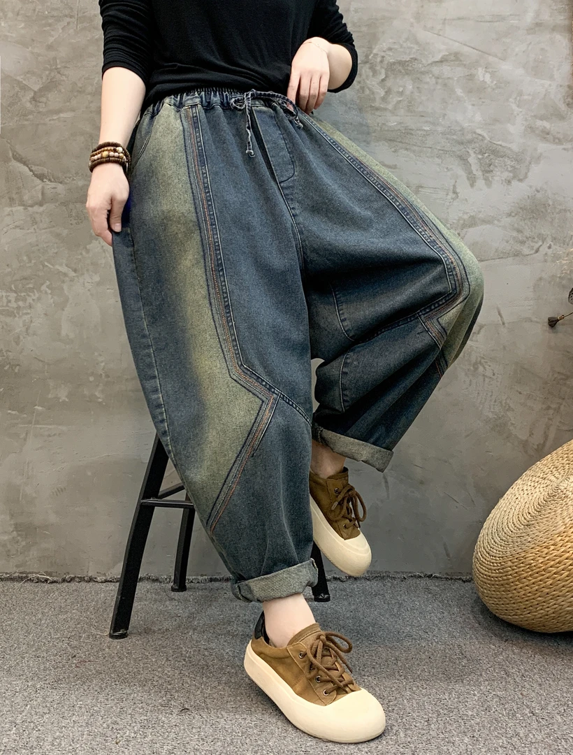 9925潮牌欧货扎染拼色大版炒色牛仔哈伦裤