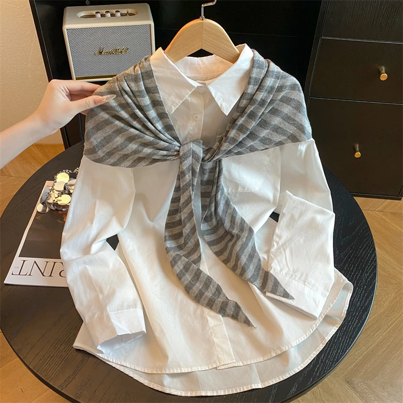 2025秋季新款长袖衬衫搭条纹披肩两件套上衣女休闲宽松显瘦百搭